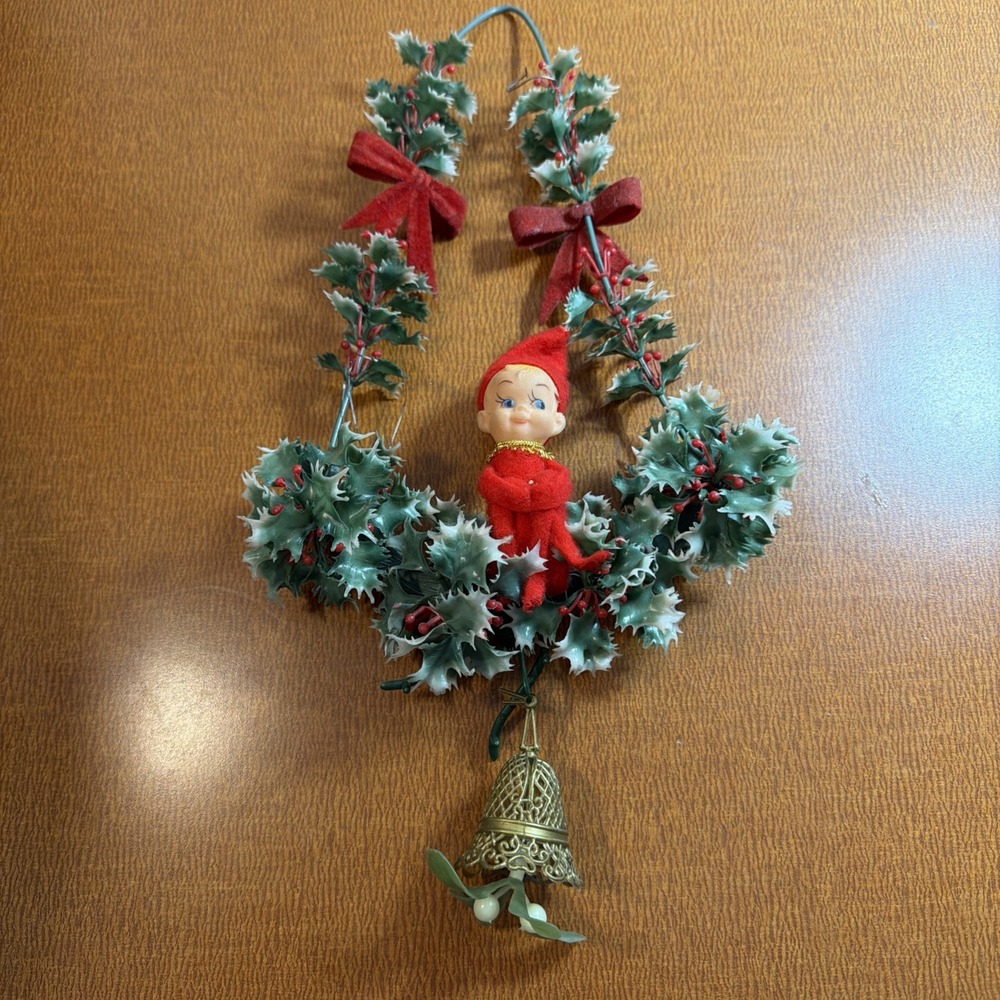 Vintage Elf Pixie Knee Hugger Sitting on Swing with Holly Leaves & Berries-CUTE